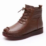 2025 Ankle Boots Sewing Genuine Leather Autumn Spring Booties Woman Moccasins Comfy Flats Round Toe Slip on Ethnic Shoes