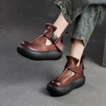 2025 Design Chunky Platform Shoes Women Literary Style Round Toe Genuine Cow Leather Buckle Gladiator Sandals