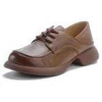 2025 Women Genuine Leather Shoes Spring Lace-Up Round Toe Genuine Leather Thick Heel Casual Shoes