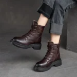 2025 British Style Women Winter Warm Shearling Boots Natural Wool Cow Leather Thick Heel Platform Casual Retro Ankle Boots