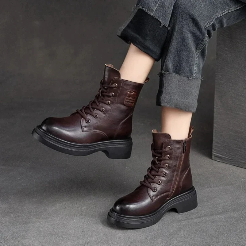 kf-Sccc440bb8c87417996fe21bc3b151967V 2025 British Style Women Winter Warm Shearling Boots Natural Wool Cow Leather Thick Heel Platform Casual Retro Ankle Boots - Image 1