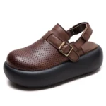 5.5cm Women Sandas Hook Summer Hollow Ankle Flats Breathable Shoes Weave Natural Cow Genuine Leather Boots Comfy Rubber